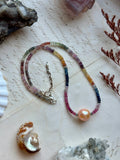 Faceted Rainbow Sapphire & Edison Champagne Pearl Sterling Silver Beaded Necklace