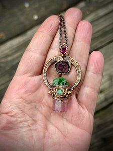 Pink Raw Paprok Tourmaline/ Chrome Tourmaline/ Tourmaline Slice/ Faceted Pink Tourmaline/ Faceted Green Tourmaline Copper Necklace