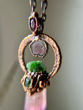 Pink Raw Paprok Tourmaline/ Chrome Tourmaline/ Tourmaline Slice/ Faceted Pink Tourmaline/ Faceted Green Tourmaline Copper Necklace