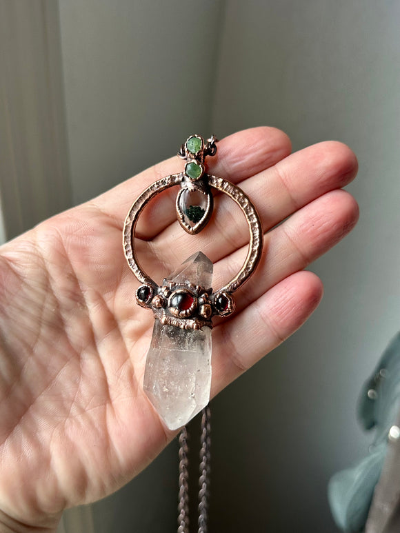 Double Terminated/ Red Garnet/ Green Garnet/ Garden Quartz Copper Necklace