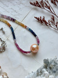 Faceted Rainbow Sapphire & Edison Champagne Pearl Sterling Silver Beaded Necklace