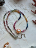 Faceted Rainbow Sapphire & Edison Champagne Pearl Sterling Silver Beaded Necklace