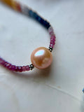 Faceted Rainbow Sapphire & Edison Champagne Pearl Sterling Silver Beaded Necklace