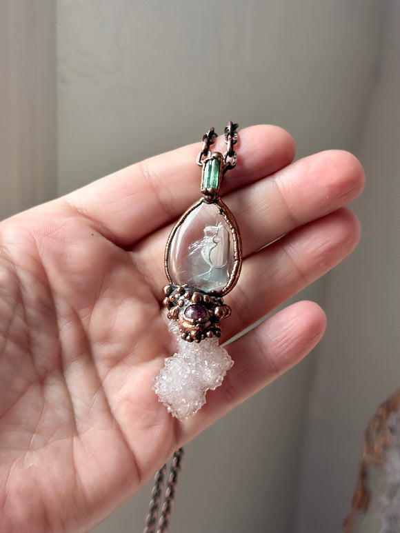 Enhydro Quartz/ Paprok Tournaline/ Spirit Quartz/ Pink Tourmaline Copper Necklace