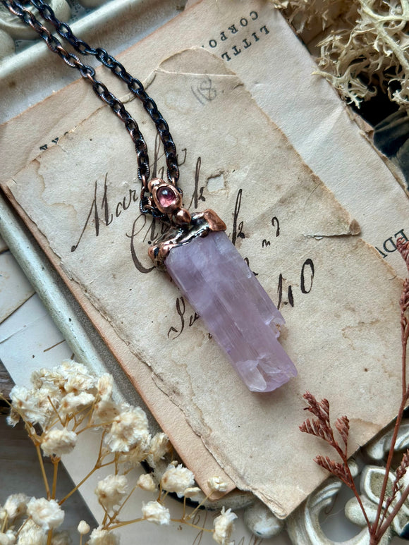 Raw Kunzite & Pink Tourmaline Copper Necklace