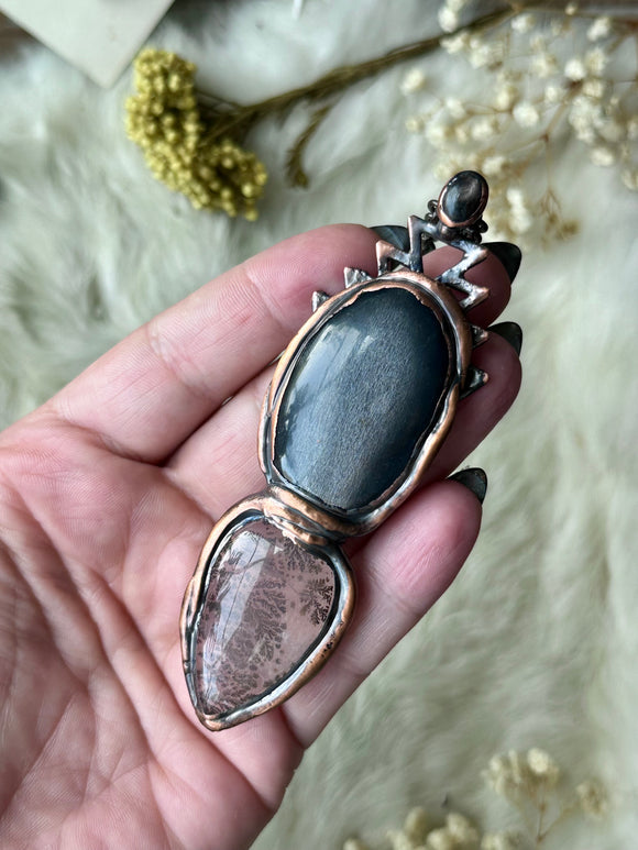 Geometric Dendritic Agate/ Black moonstone/ Hypersthene Copper Necklace