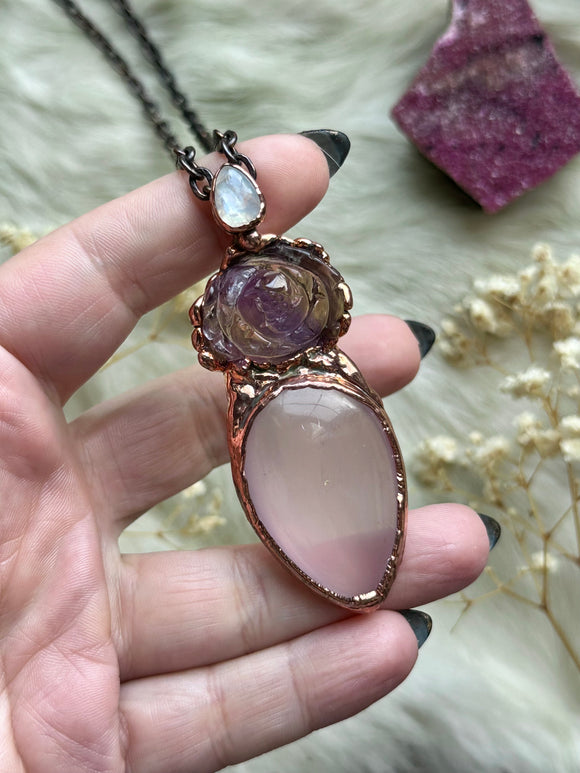 Carved Ametrine Rose/ Moonstone Star Rose Quartz Copper Necklace