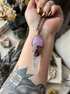 Kunzite/ Angel Aura Quartz/ Amethyst Copper Necklace