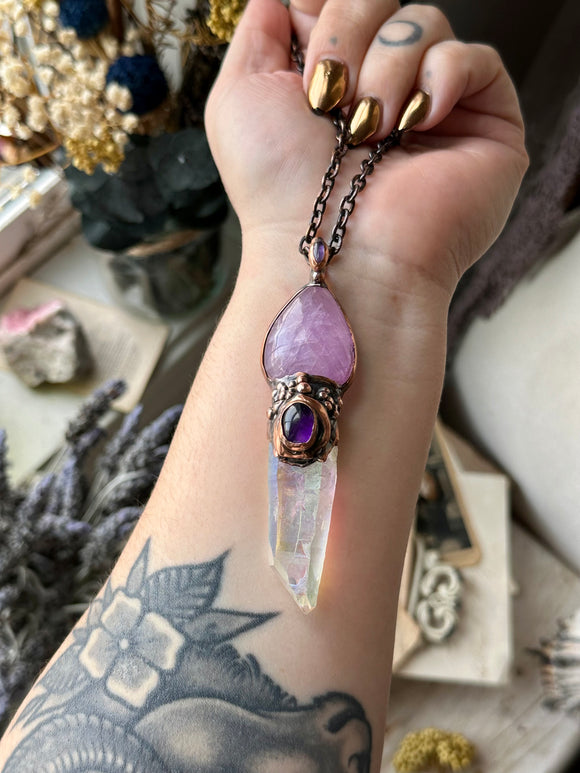 Kunzite/ Angel Aura Quartz/ Amethyst Copper Necklace