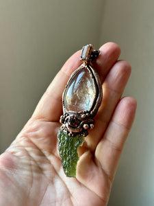 Besednice Moldvite/ Enhydro Quartz/ Heasonite Garnet/ Imperial Topaz Copper Necklace