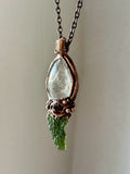 Besednice Moldvite/ Enhydro Quartz/ Heasonite Garnet/ Imperial Topaz Copper Necklace