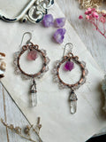 Rose Quartz/ Carved Rose Fluorite/ Clear Quartz Copper Earrings