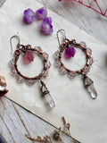 Rose Quartz/ Carved Rose Fluorite/ Clear Quartz Copper Earrings