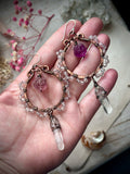 Rose Quartz/ Carved Rose Fluorite/ Clear Quartz Copper Earrings