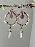 Rose Quartz/ Carved Rose Fluorite/ Clear Quartz Copper Earrings