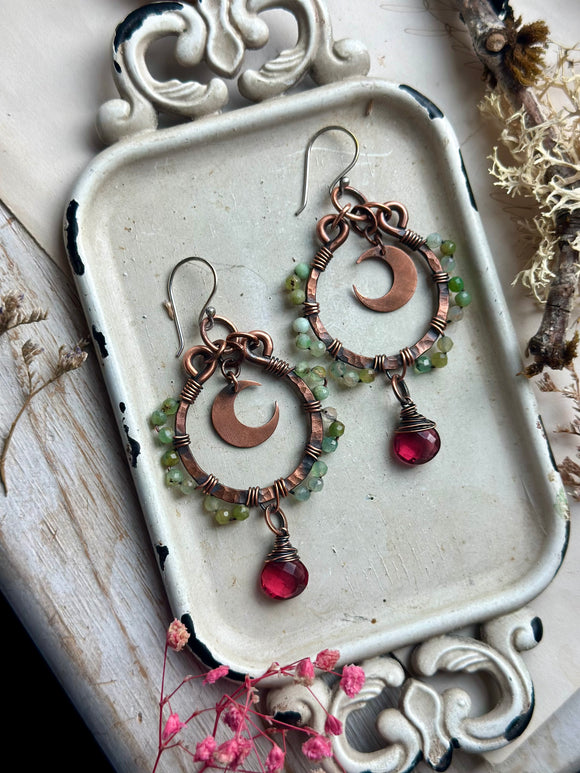 Faceted Chrysoprase & Pink Quartz Crescent Moon Copper Earrings