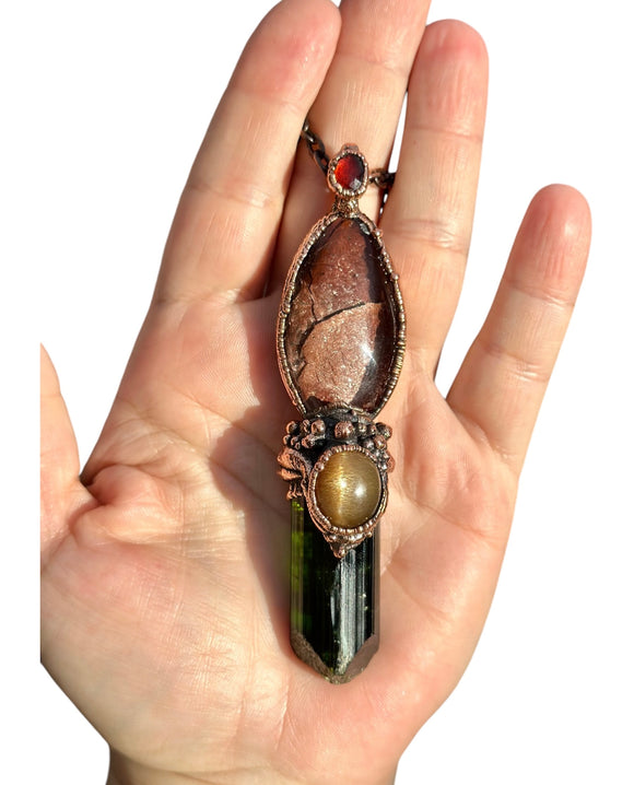 Brazilian Green Tourmaline/ Mica In quartz/ Rose Cut Garnet/ Golden Sunstone Copper Necklace