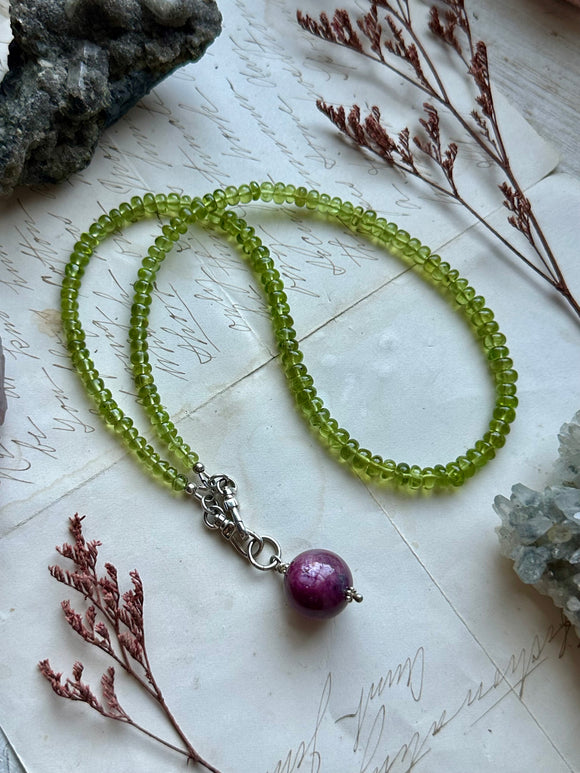 Peridot & Ruby Sphere Sterling Silver Beaded Necklace