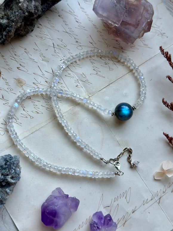 Rainbow Moonstone & Labradorite Sphere Sterling Silver Beaded Necklace