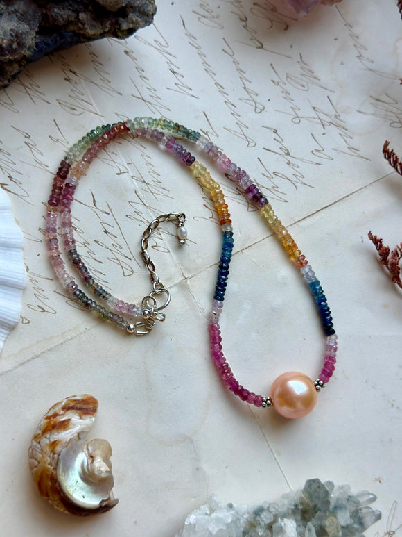 Faceted Rainbow Sapphire & Edison Champagne Pearl Sterling Silver Beaded Necklace