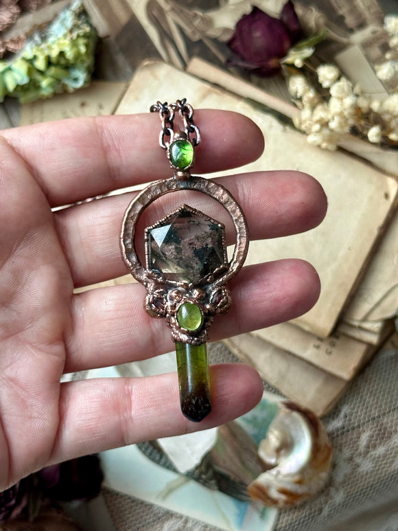 Green Tourmaline/ Garden Quartz Hexagon/ Sphene/ Emerald Copper Necklace