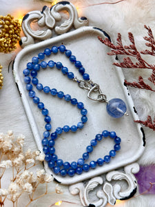 AA Blue Kyanite & Kyanite In Quartz Silk Knotted Beaded Necklace