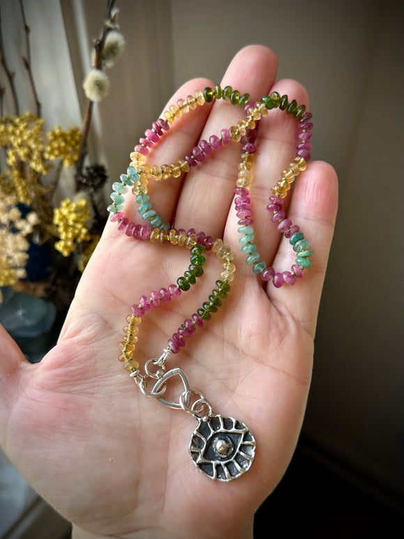 Rainbow Water Melon Tourmaline Evil Eye Silk Knotted Beaded Necklace