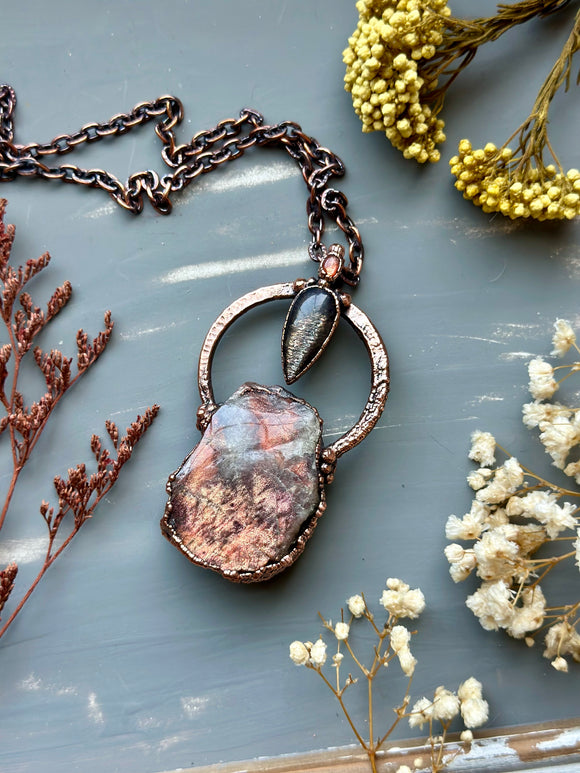 Purple Haze Sunstone, Black Sunstone/ Orange Sunstone Copper Necklace