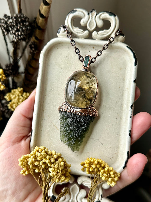 Besednice Moldavite/ Rare Rutile Garden Quartz/ Faceted Green Tourmaline Copper Necklace