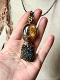 Besednice Moldavite, Rare Red Rutile Garden Quartz, and Faceted Rare Sphene Copper Necklace