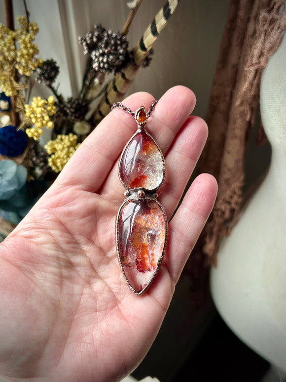 Fire Quartz/ Facated Spessartine Garnet Copper Necklace