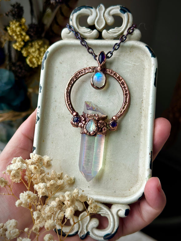 Angel Aura/ Amethyst/ Rainbow Moonstone Copper Necklace