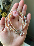 Triple Strand Pearl/ Carved Pink Flower Opal/ Sterling Silver Bracelet