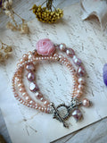 Triple Strand Pearl/ Carved Pink Flower Opal/ Sterling Silver Bracelet