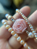 Triple Strand Pearl/ Carved Pink Flower Opal/ Sterling Silver Bracelet