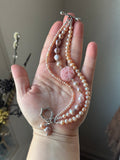 Triple Strand Pearl/ Carved Pink Flower Opal/ Sterling Silver Bracelet