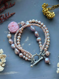 Triple Strand Pearl/ Carved Pink Flower Opal/ Sterling Silver Bracelet