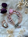 Triple Strand Pearl/ Carved Pink Flower Opal/ Sterling Silver Bracelet