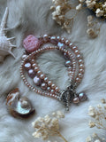 Triple Strand Pearl/ Carved Pink Flower Opal/ Sterling Silver Bracelet