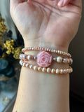 Triple Strand Pearl/ Carved Pink Flower Opal/ Sterling Silver Bracelet