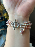 Triple Strand Pearl/ Carved Pink Flower Opal/ Sterling Silver Bracelet