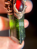 Large Green Brazilian Tourmaline/ Red & Golden Rutile, Faceted Spessartine Garnet/ Red Garnet Copper Necklace