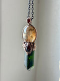 Large Green Brazilian Tourmaline/ Red & Golden Rutile, Faceted Spessartine Garnet/ Red Garnet Copper Necklace