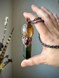 Large Green Brazilian Tourmaline/ Red & Golden Rutile, Faceted Spessartine Garnet/ Red Garnet Copper Necklace