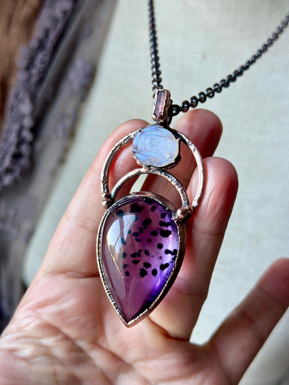 Rare Hollandite In Amethyst/ Carved Flower Moonstone/ Raw Pink Tourmaline Copper Necklace