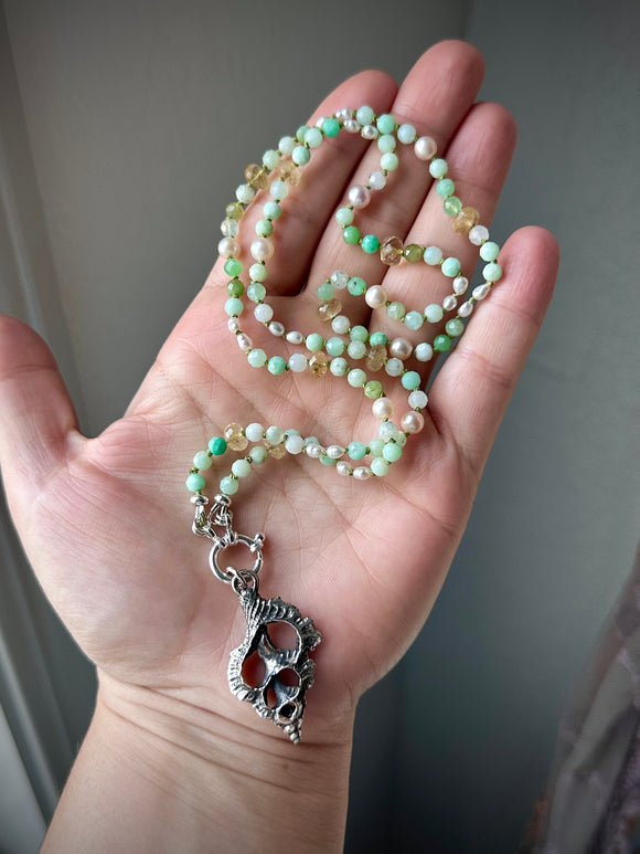 Chrysoprase/ Pearl/ Citrine Sterling Silver Silk Beaded Necklace