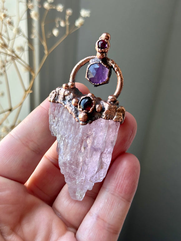 Raw Kunzite/ Faceted Amethyst/ Spinel/ Tourmaline Copper Necklace