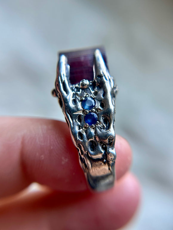Parok Tournaline/ Facetes Pink Sapphire/ Faceted Blue Sapphire Sterling Silver Ring Size 9