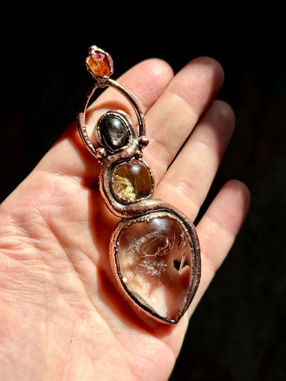 Large Smoky Enhydro/ Star Rutile/ Hypersthene/ Raw Hessonite Garnet Copper Necklace