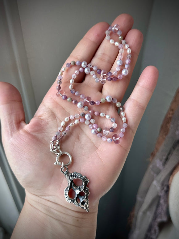 Pink Tourmaline/ Pearl/ Amethyst Sterling Silver Silk Beaded Necklace